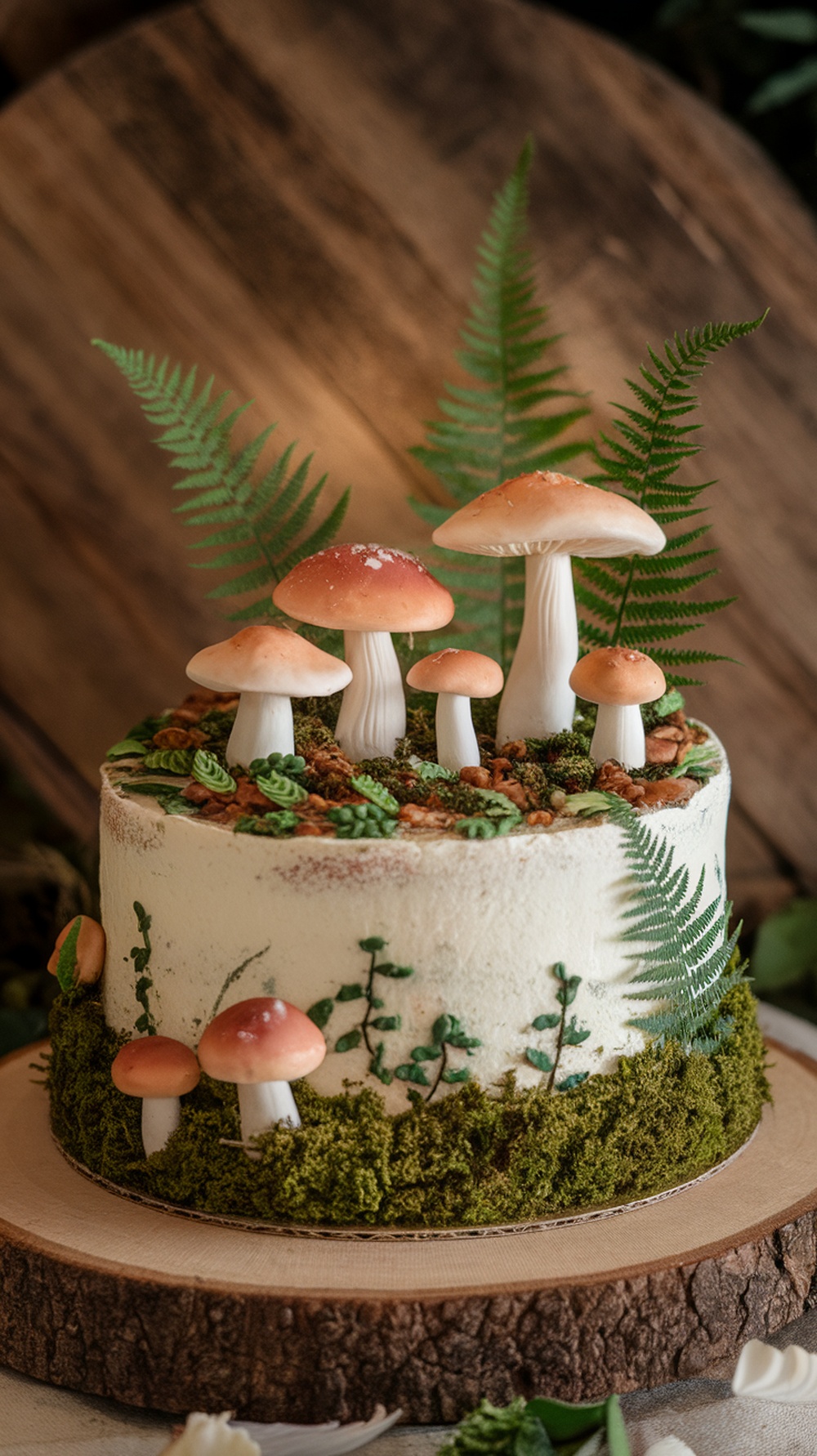A whimsical woodland-themed wedding cake decorated with mushrooms and ferns.