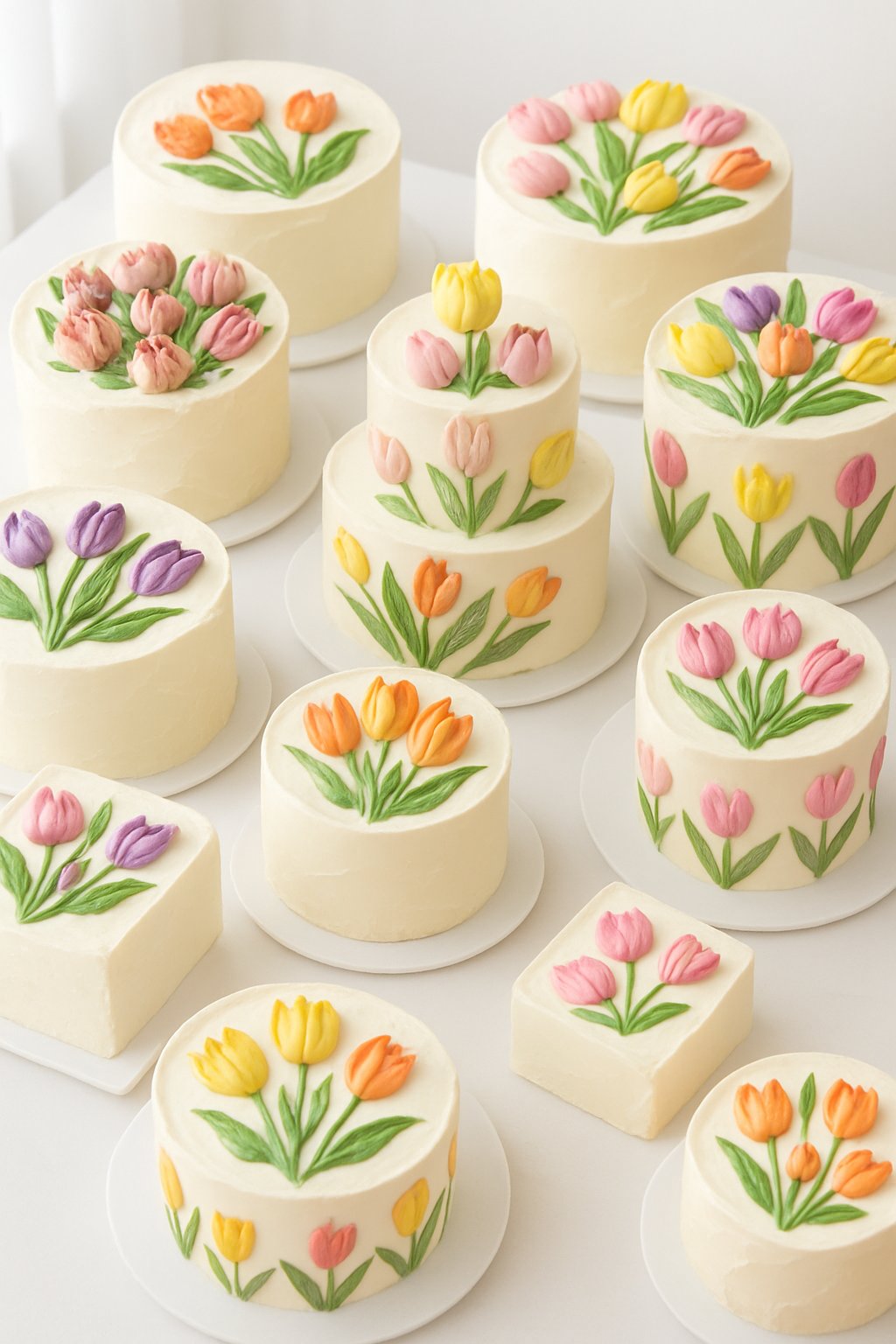 A collection of fifteen cakes decorated with colorful tulip designs made from icing and edible flowers, arranged on a white surface.