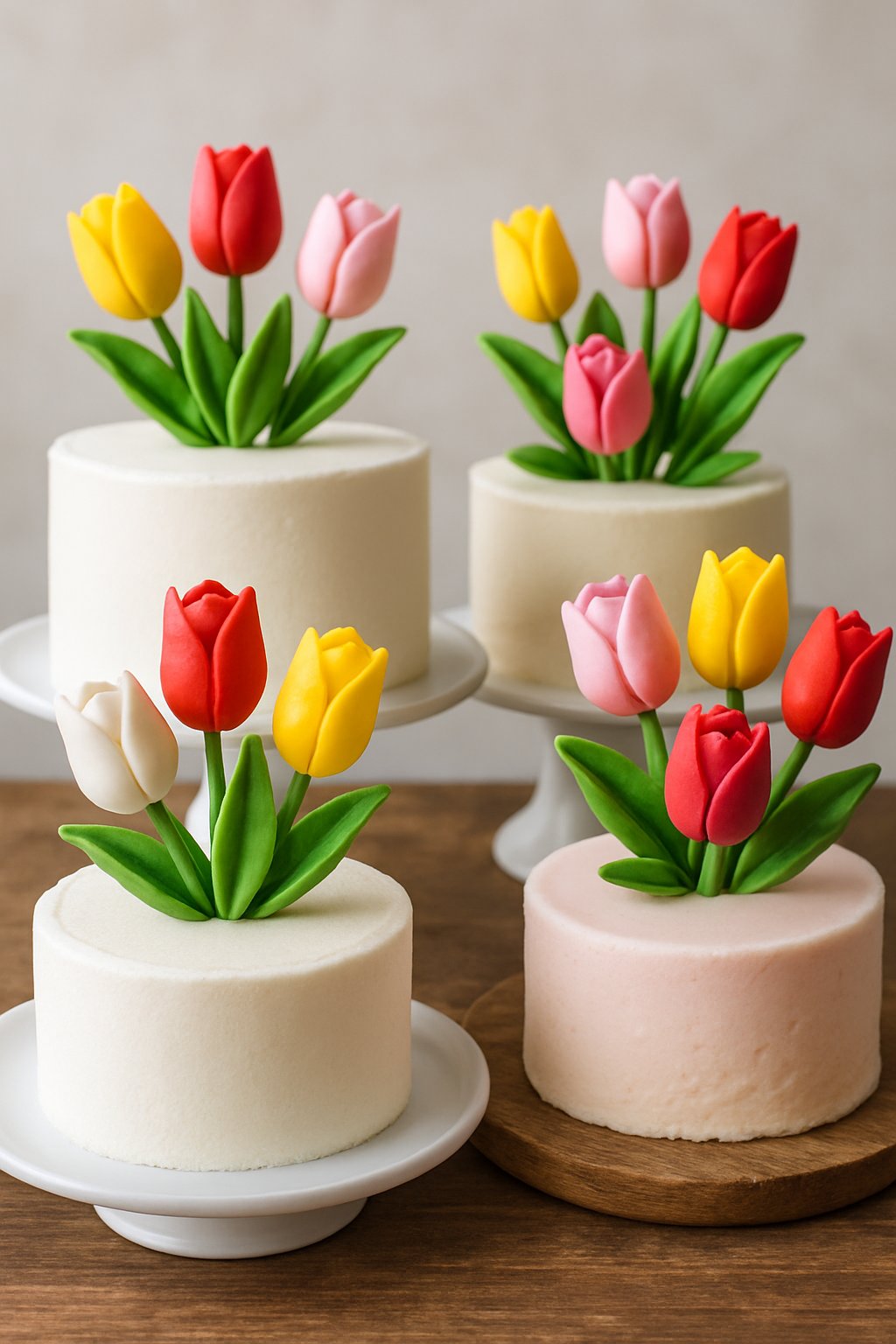 A variety of cakes decorated with colorful edible tulip-shaped fondant toppers arranged on cake stands and wooden surfaces.