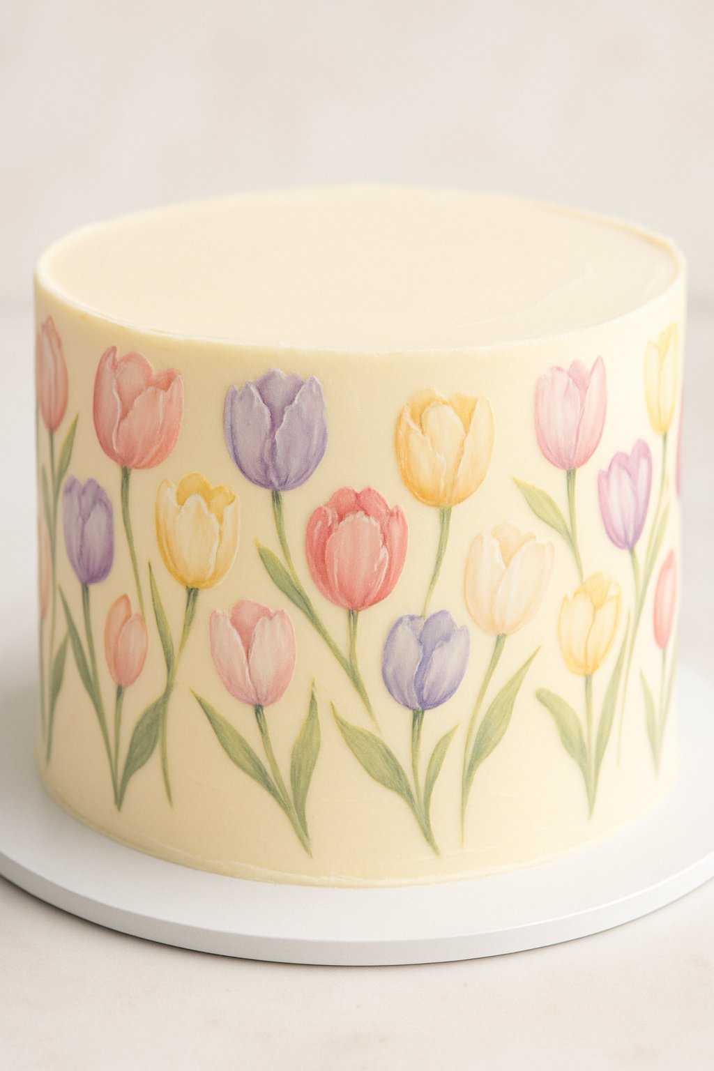 A cake decorated with colorful tulip flowers painted on smooth buttercream frosting.