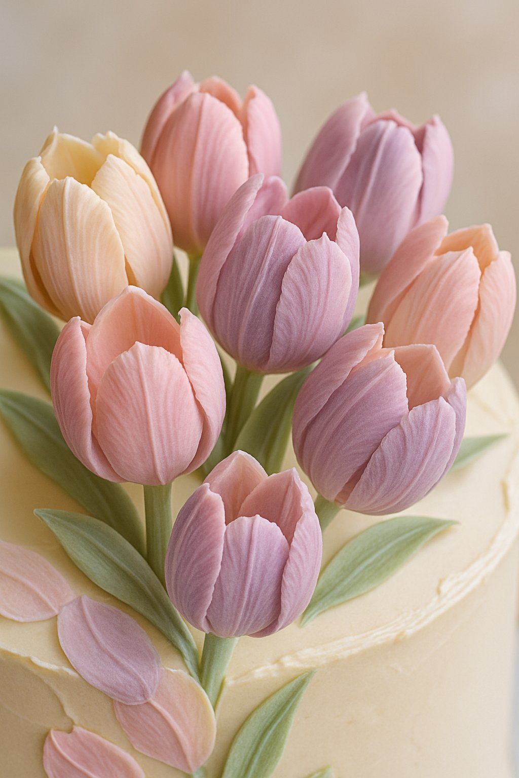 Close-up of a cake decorated with pastel ombre tulip petals arranged like real flowers.