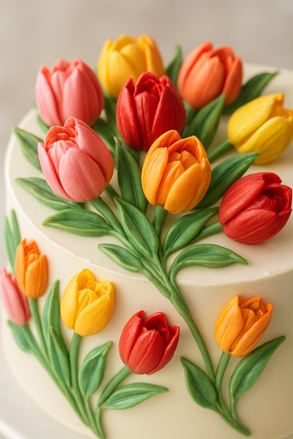 A close-up of a cake decorated with colorful 3D tulip flowers made from royal icing.