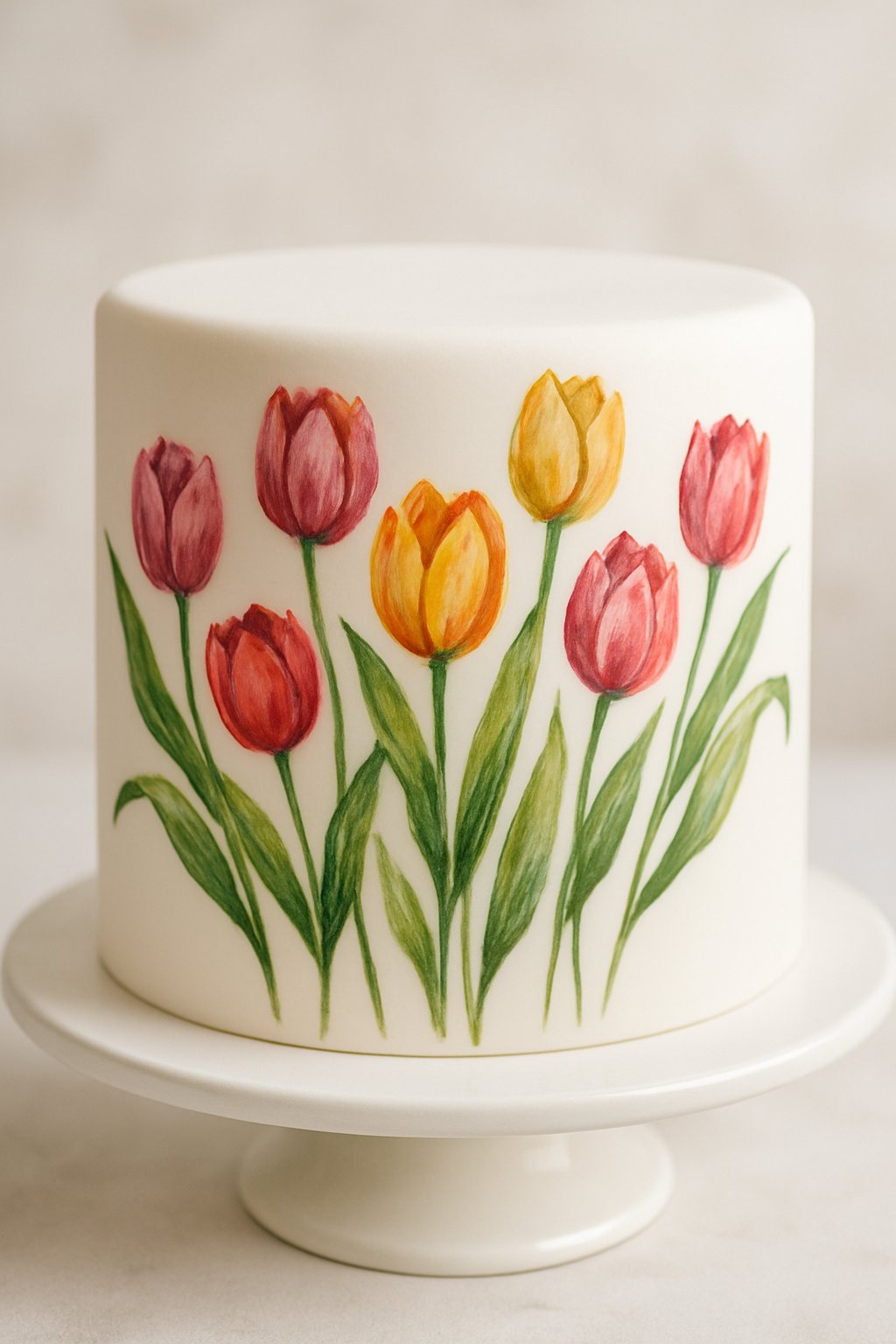 A white cake decorated with colorful hand-painted tulip flowers on a cake stand.