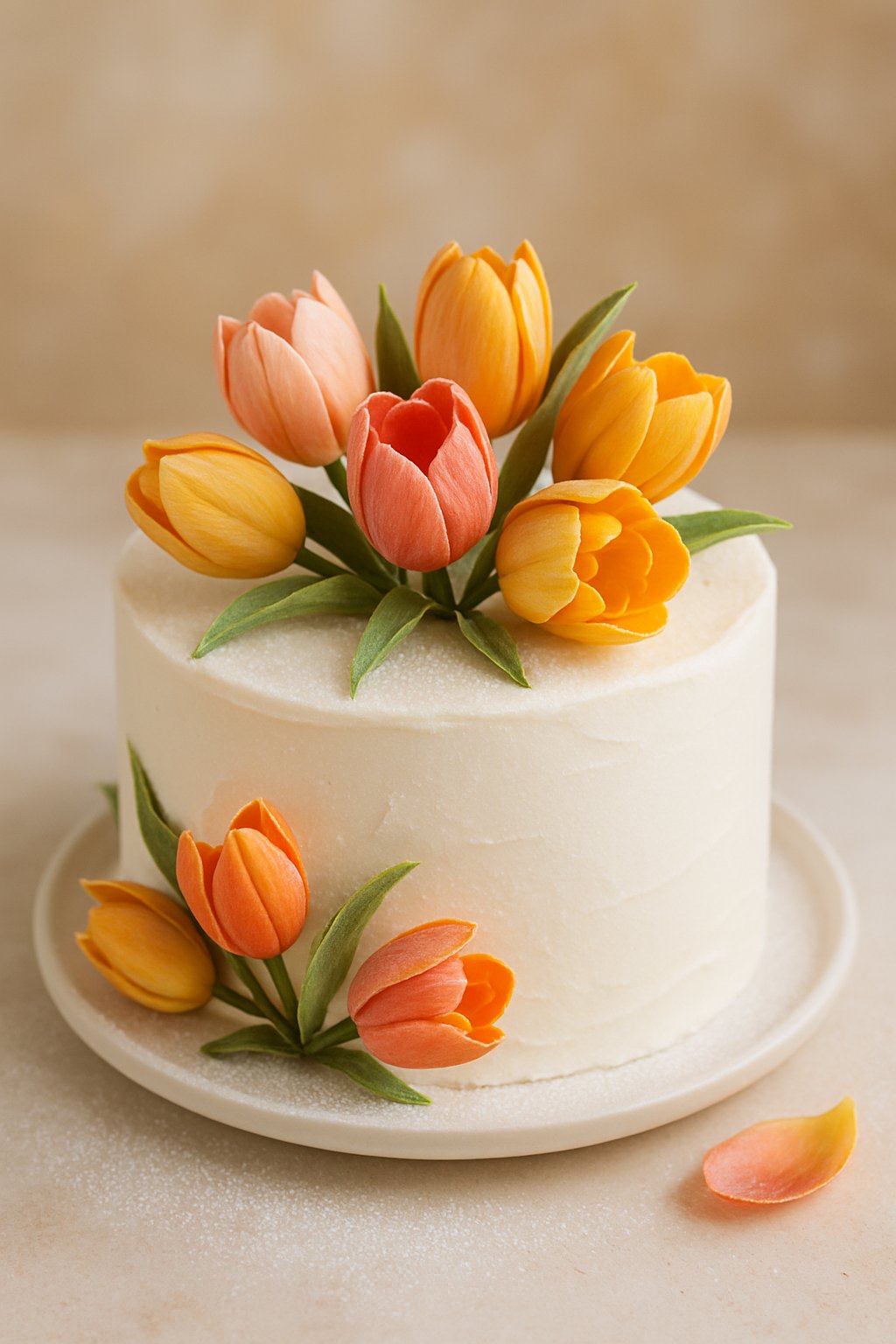 A white frosted cake decorated with colorful sugar tulip flowers and a light dusting of powdered sugar on a neutral surface.