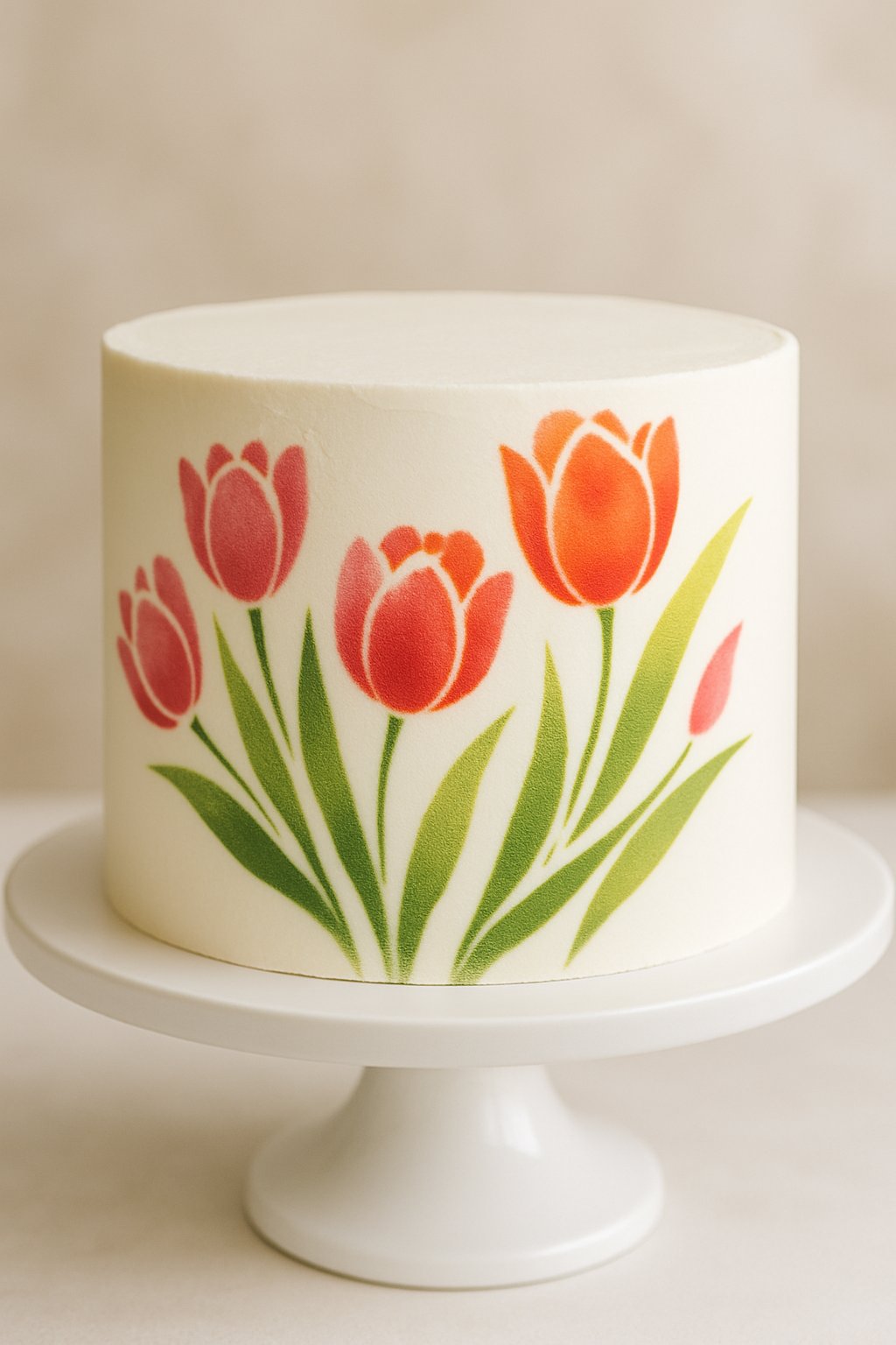 A decorated cake with colorful tulip patterns airbrushed onto white icing, displayed on a white cake stand.