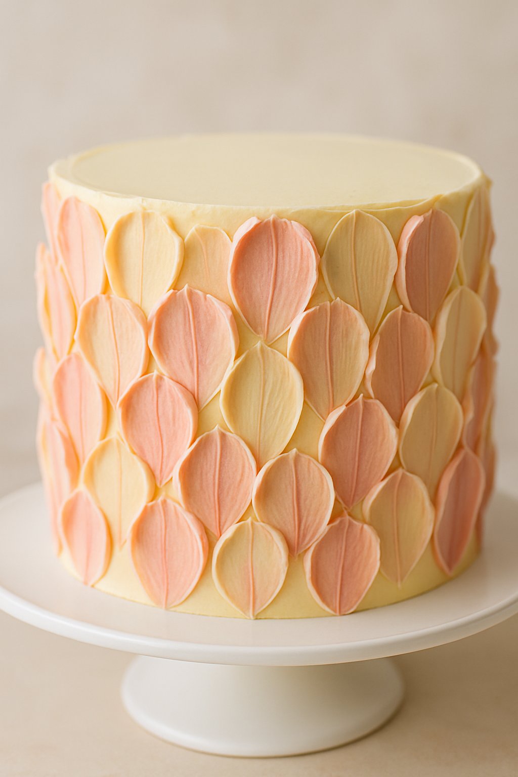 Close-up of a cake decorated with pastel-colored tulip-shaped petal ruffles on the sides.