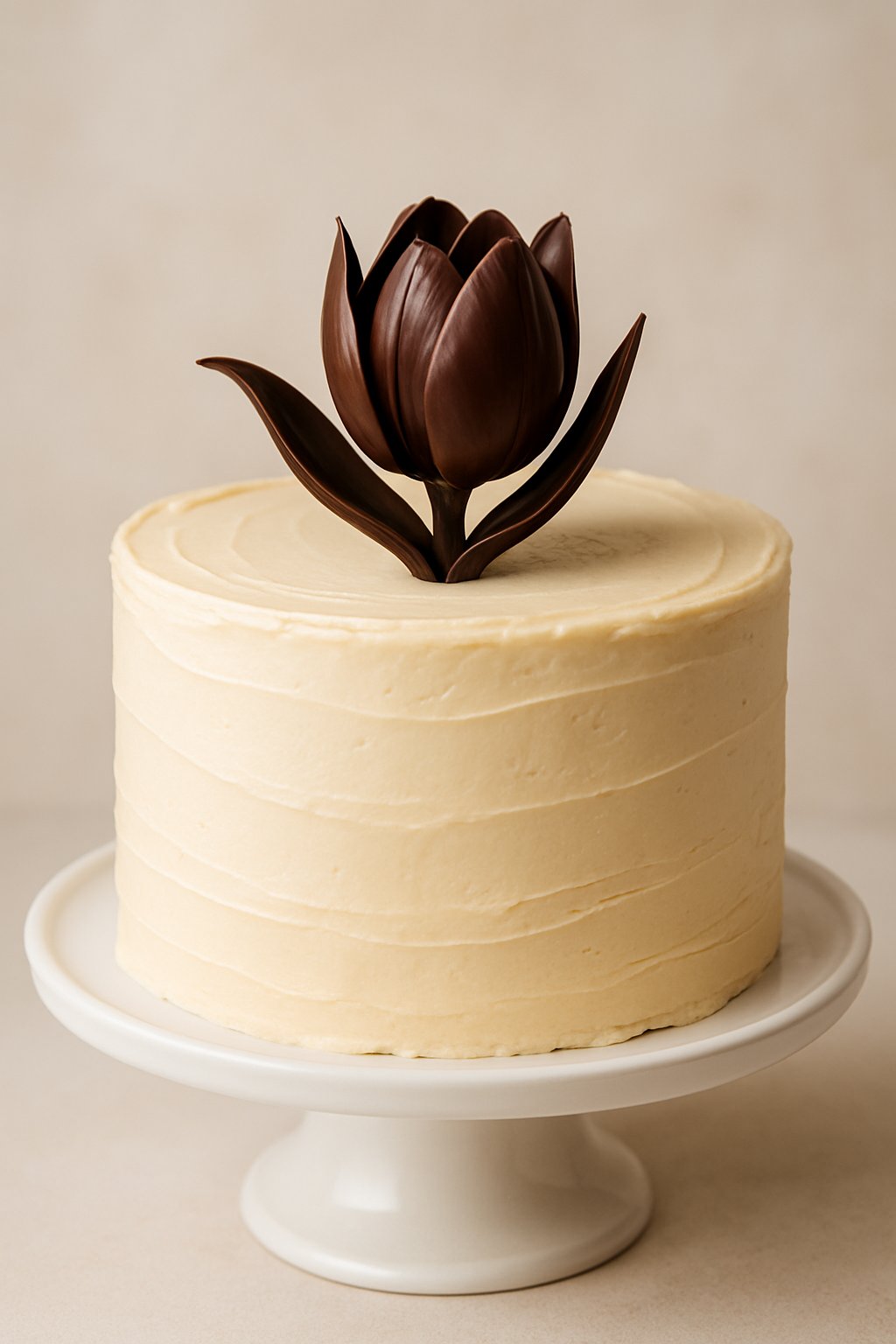 A tulip-shaped chocolate garnish on top of a decorated cake displayed on a white cake stand.