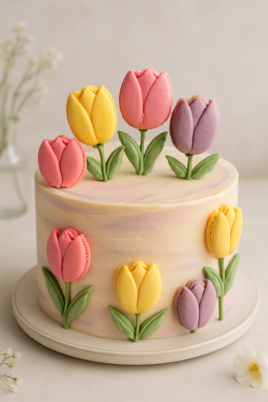 A decorated cake topped with colorful tulip-shaped macarons arranged around it.