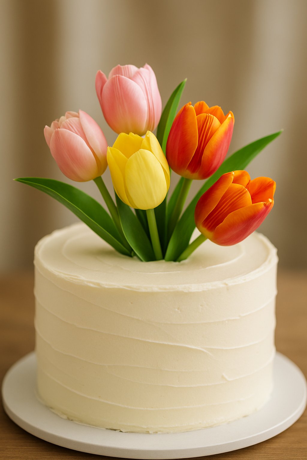 A white frosted cake topped with a colorful arrangement of fresh tulips in pink, yellow, and red.