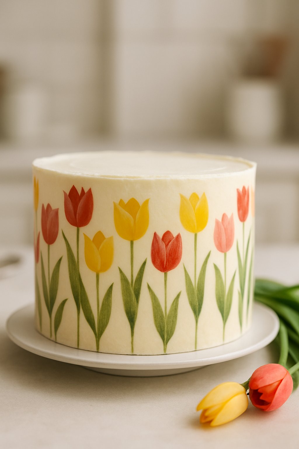 A decorated cake wrapped with a translucent sheet featuring colorful tulip silhouettes, placed on a table with fresh tulips nearby.