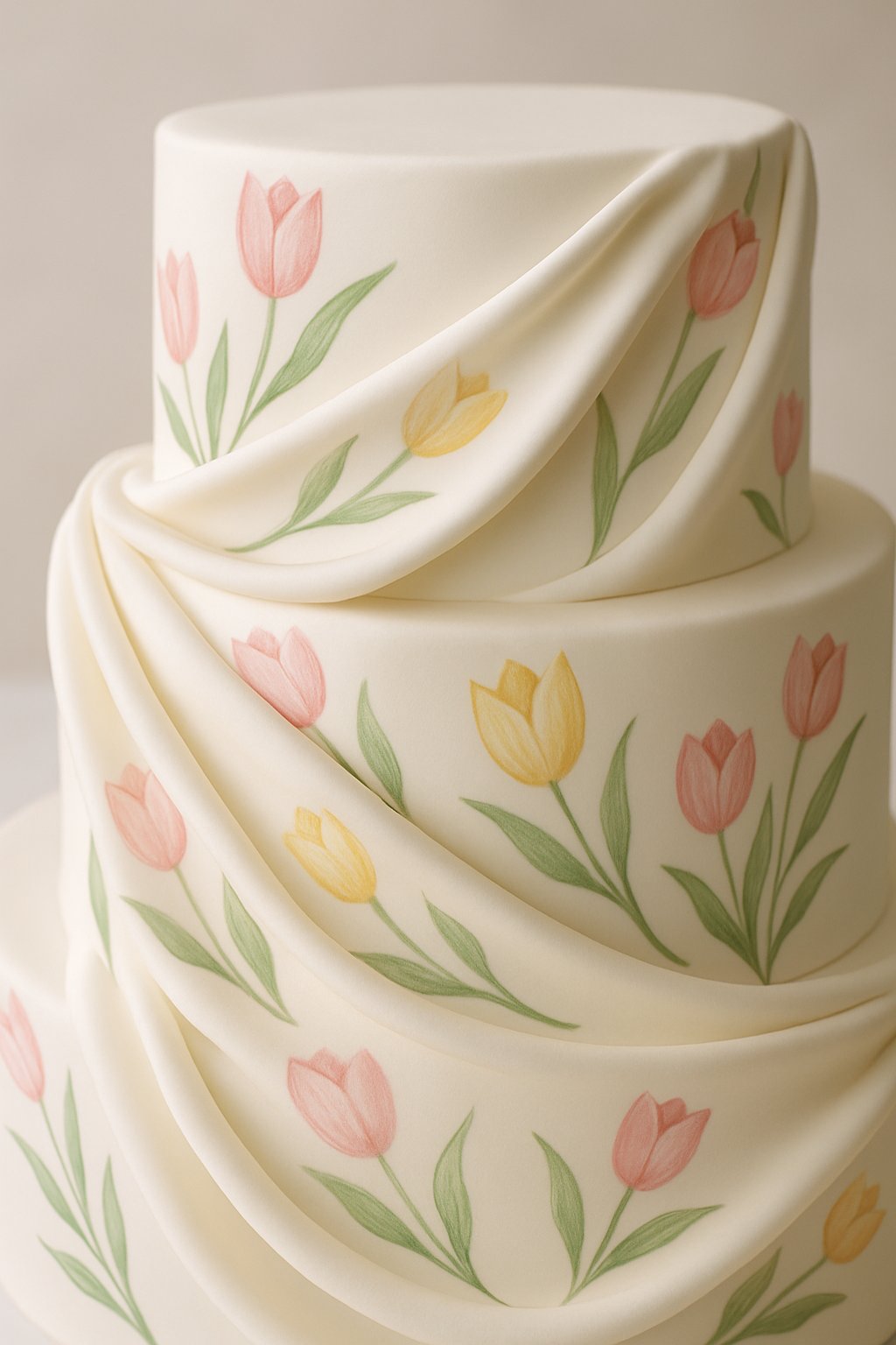 Close-up of a cake decorated with fondant drapes featuring tulip patterns.