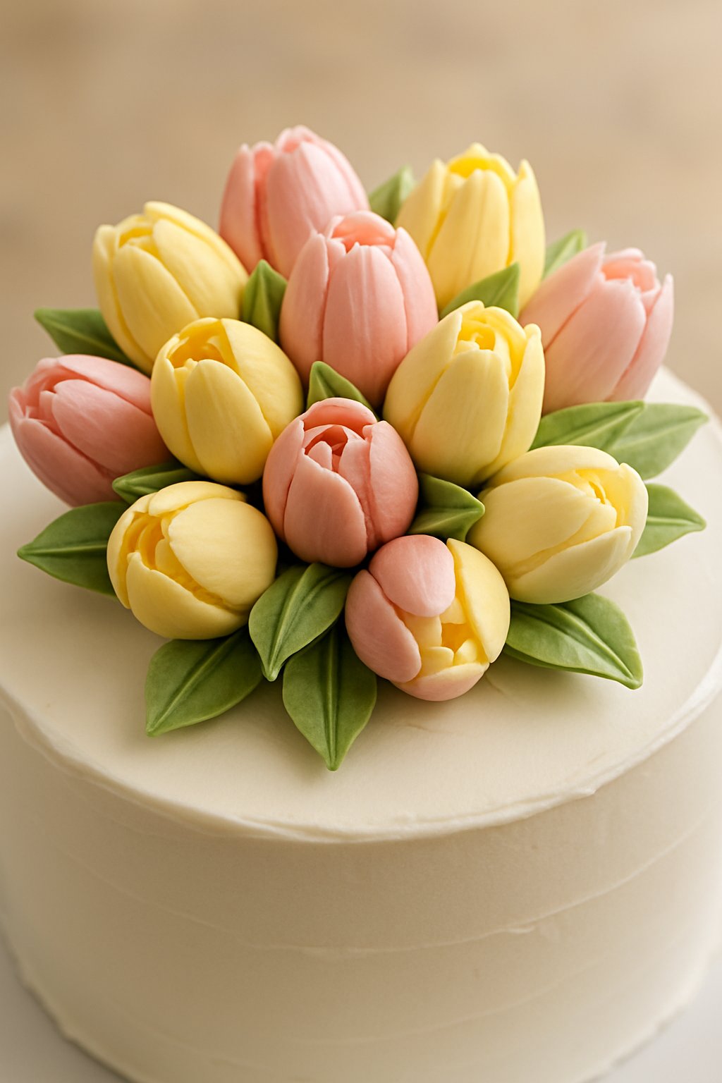 A close-up of a cake decorated with a cluster of buttercream tulip flowers in pastel colors and green leaves.