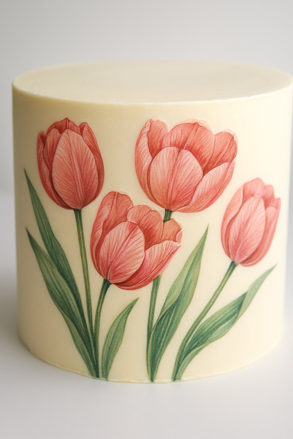 Close-up of a decorated cake featuring detailed tulip flowers with visible veins on the petals made using edible ink.