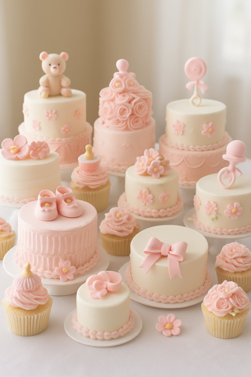 Seventeen decorated baby girl shower cakes with pink and white frosting arranged on a table.