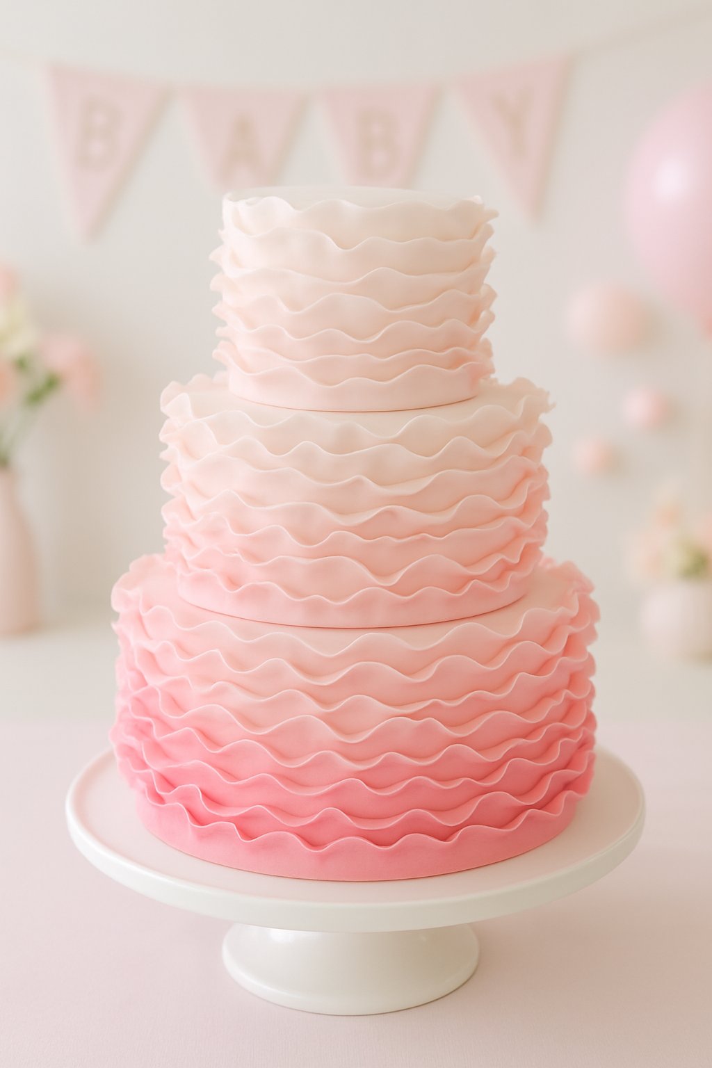 A multi-tiered pink ombre ruffle cake on a white stand with baby shower decorations in the background.