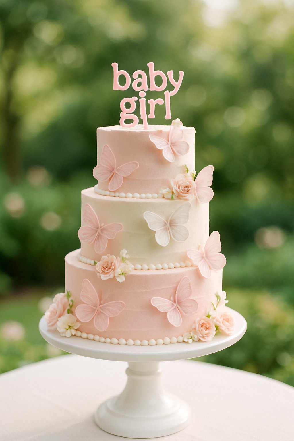 A tiered cake decorated with pink and white frosting, butterflies, and flowers on a white cake stand with a garden background.