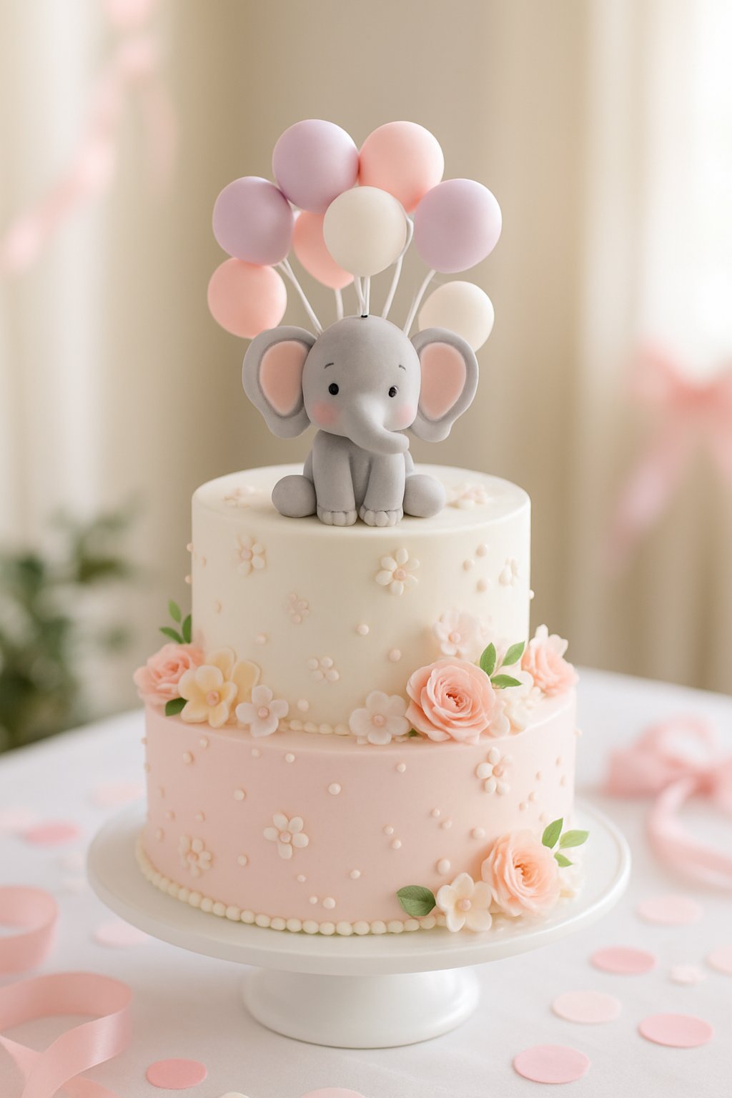 A baby shower cake decorated with a fondant elephant and pastel-colored balloons in pink and white.