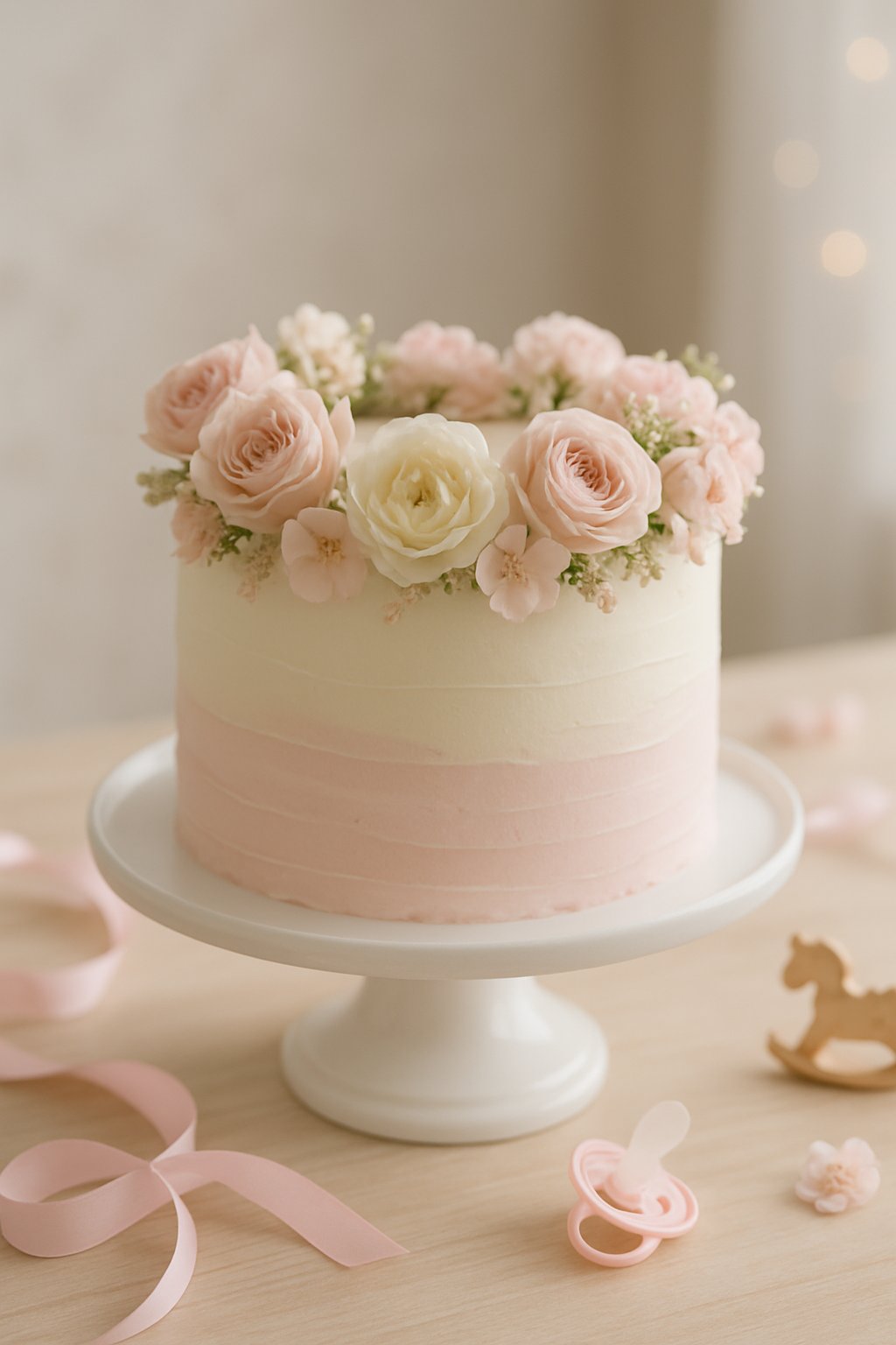 A baby girl shower cake decorated with a floral crown made of edible flowers on a white cake stand.