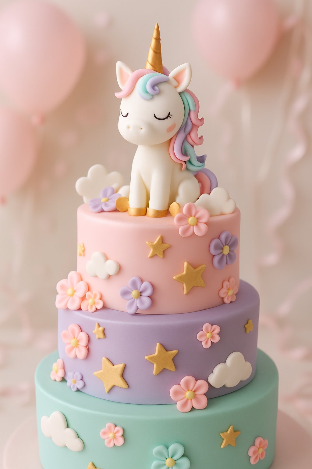 A pastel-colored unicorn cake decorated with edible flowers and a golden horn, set on a table with baby shower decorations.
