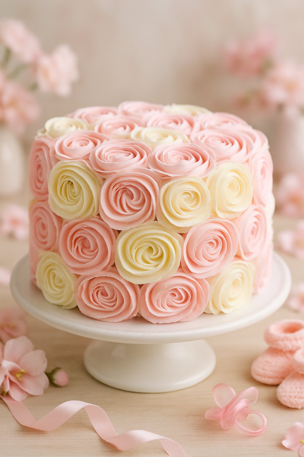 A pink and white rosette swirl cake on a white cake stand surrounded by baby shower decorations.