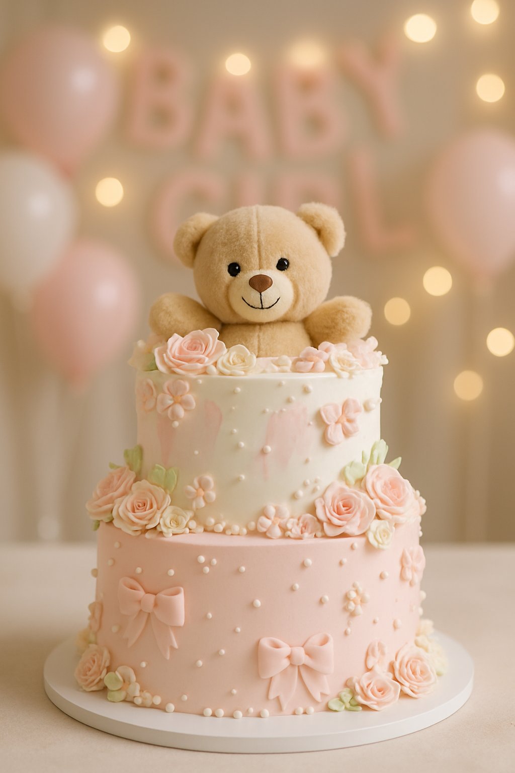 A teddy bear popping out of a decorated baby girl shower cake surrounded by pastel pink and white decorations.