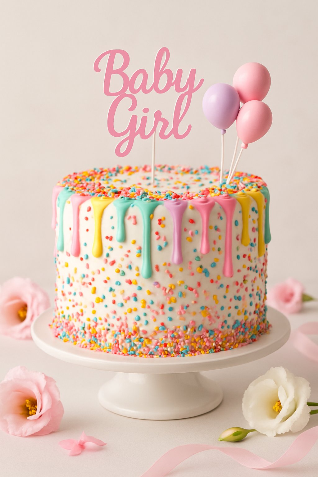A white drip cake decorated with rainbow sprinkles and pastel-colored icing drips, placed on a cake stand with baby shower decorations around it.