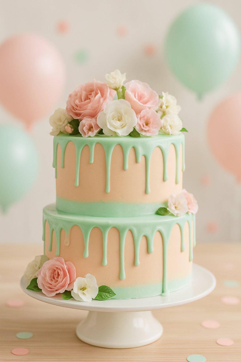 Two-tier peach and mint drip cake decorated with edible flowers on a white stand, surrounded by baby shower decorations.