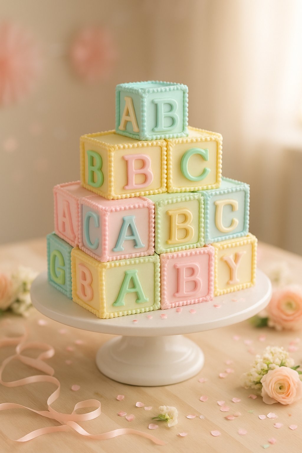 A pastel-colored baby shower cake shaped like alphabet blocks on a white stand with baby shower decorations around it.