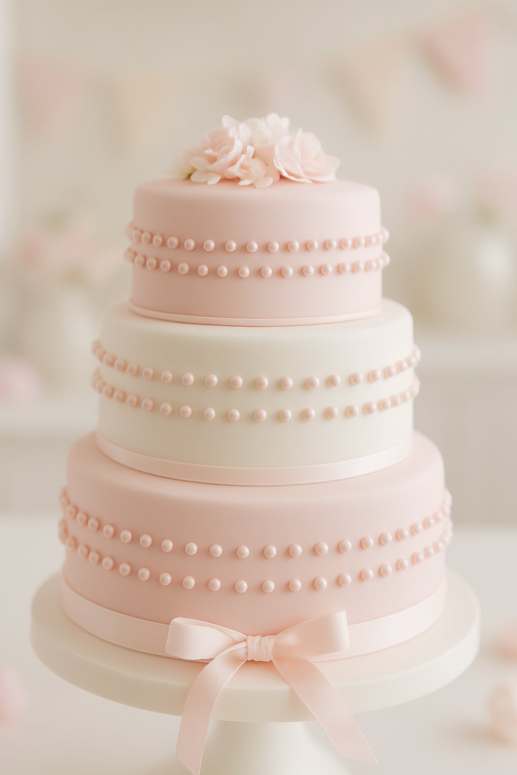 A multi-tiered pink and white baby girl shower cake decorated with edible pearl beads and floral accents on a bright table.