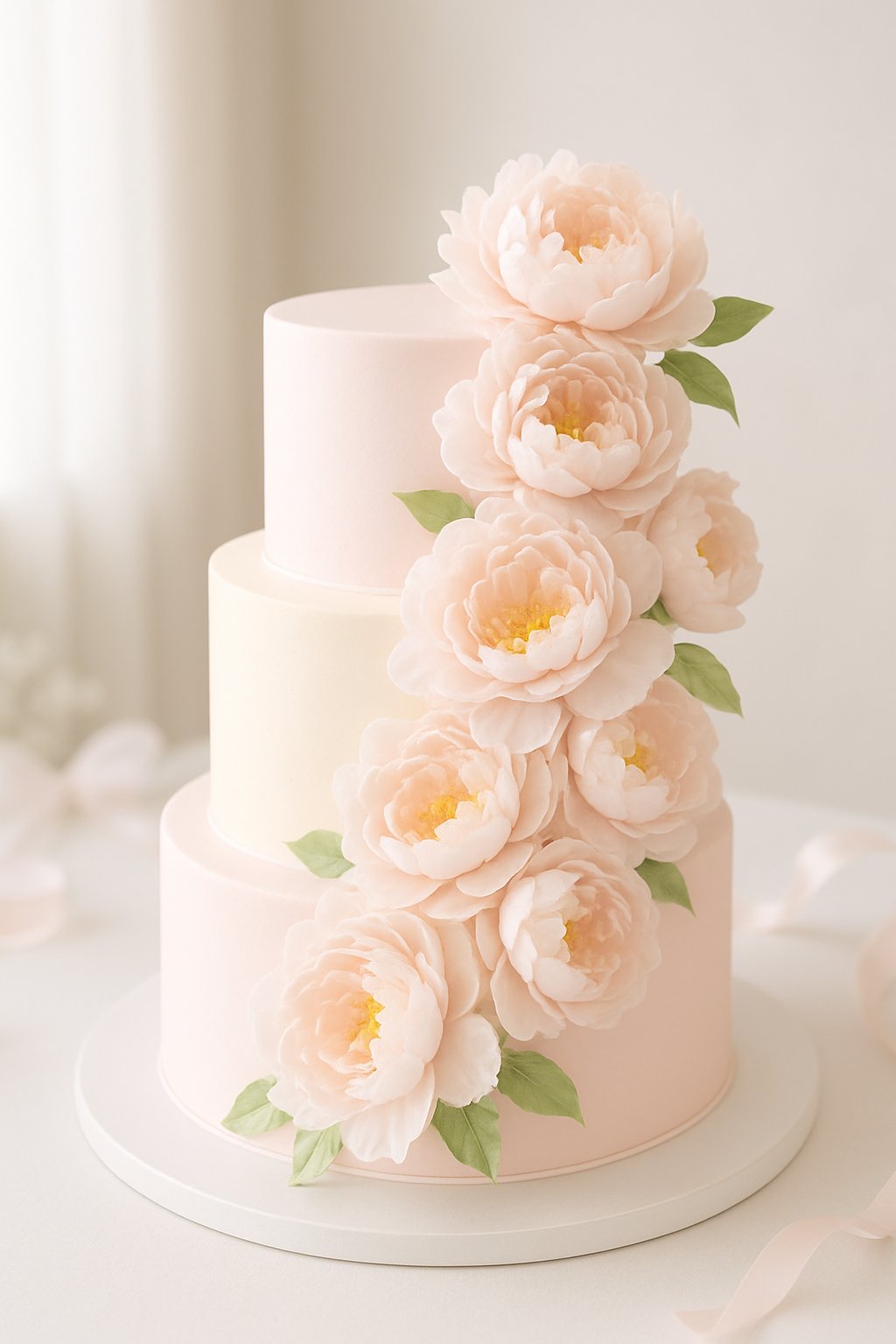 A multi-tiered baby girl shower cake decorated with cascading peony flowers in soft pink and white.