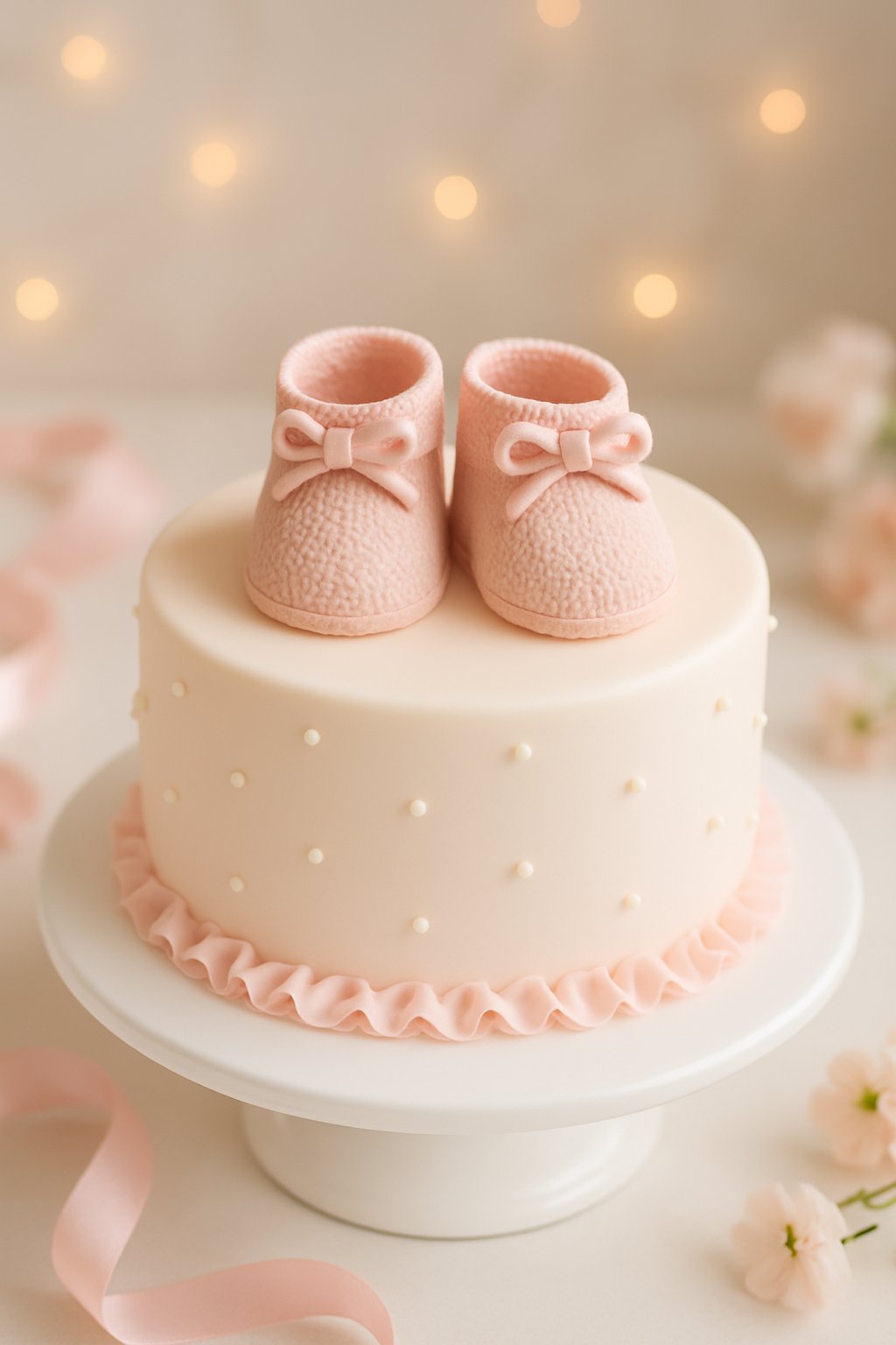 A baby shower cake topped with tiny pink booties on a white cake stand surrounded by soft decorations.