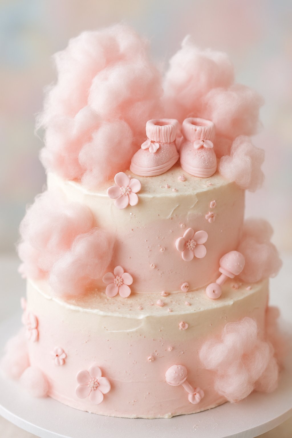 A multi-tiered pink and white baby girl shower cake decorated with cotton candy-like frosting and small edible flowers.