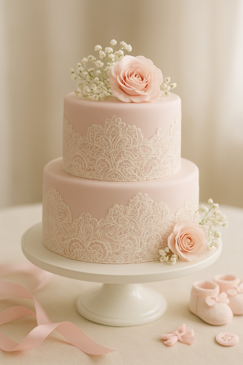 A pastel pink baby girl shower cake decorated with white lace fondant and small flowers on a white cake stand.