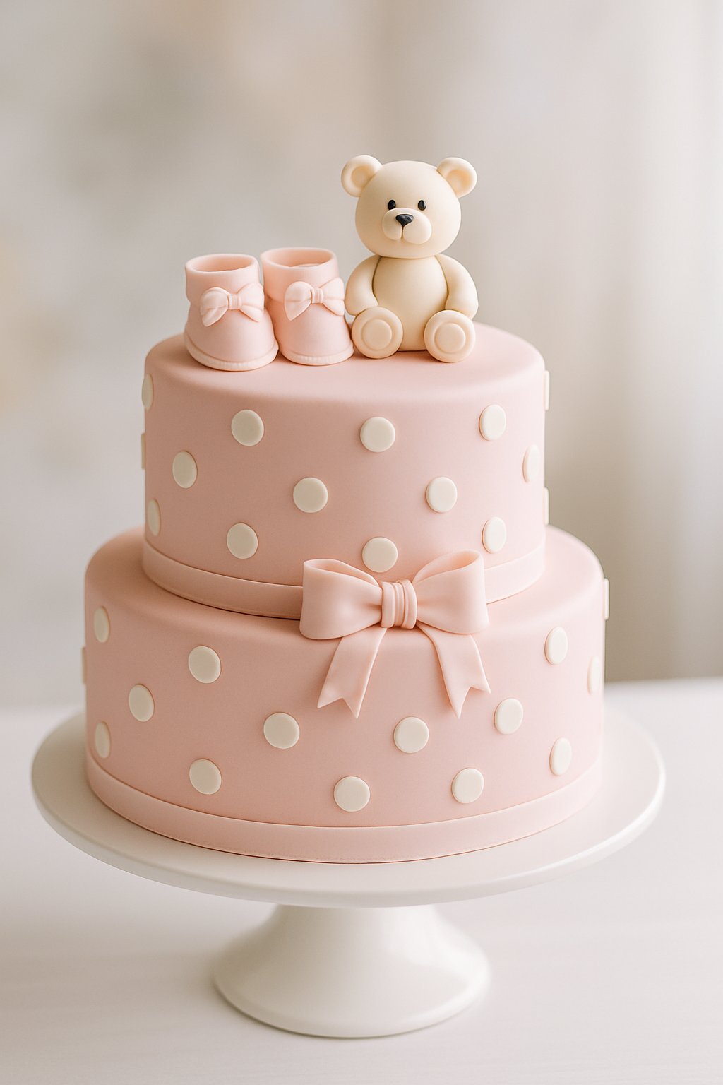 A two-tiered pink polka dot baby shower cake decorated with fondant bows and baby-themed decorations on a white cake stand.