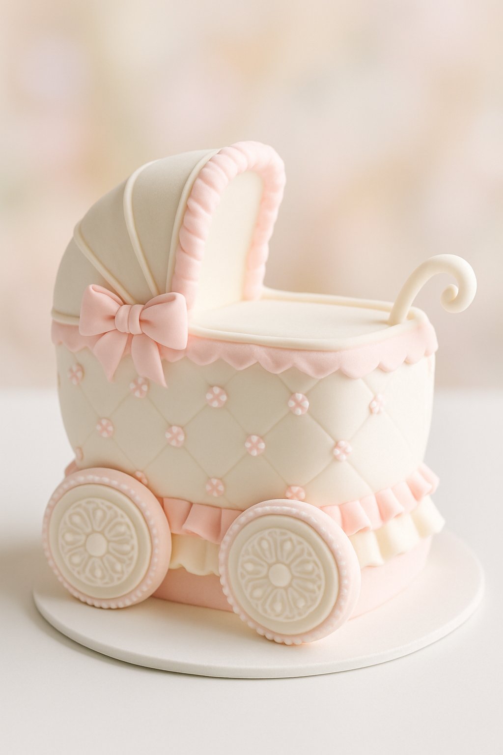 A baby carriage shaped cake decorated in pink and white with bows and flowers on a white surface.