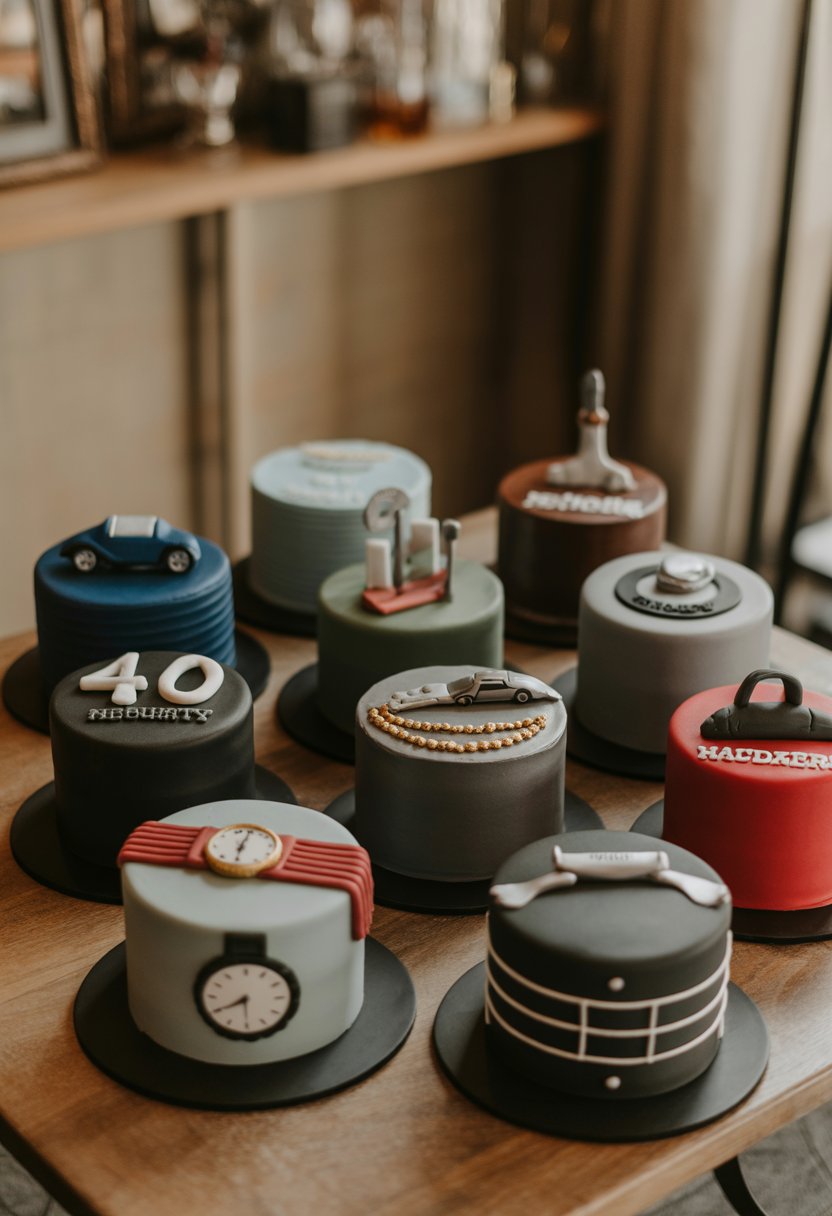 Nine different birthday cakes for men arranged on a table, each with unique decorations and colors celebrating a 40th birthday.