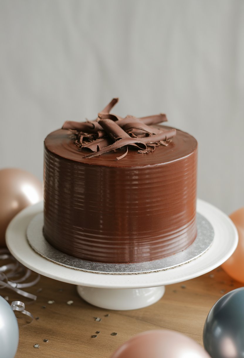 A round chocolate ganache cake on a white cake stand with chocolate shavings on top, set on a wooden table with birthday decorations in the background.