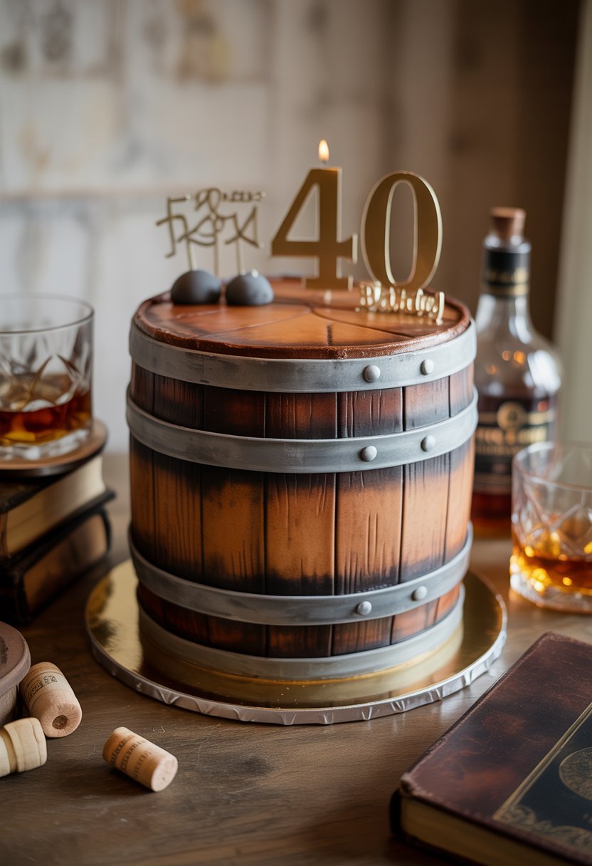 A whiskey barrel shaped birthday cake on a wooden table with whiskey glasses and birthday candles around it.