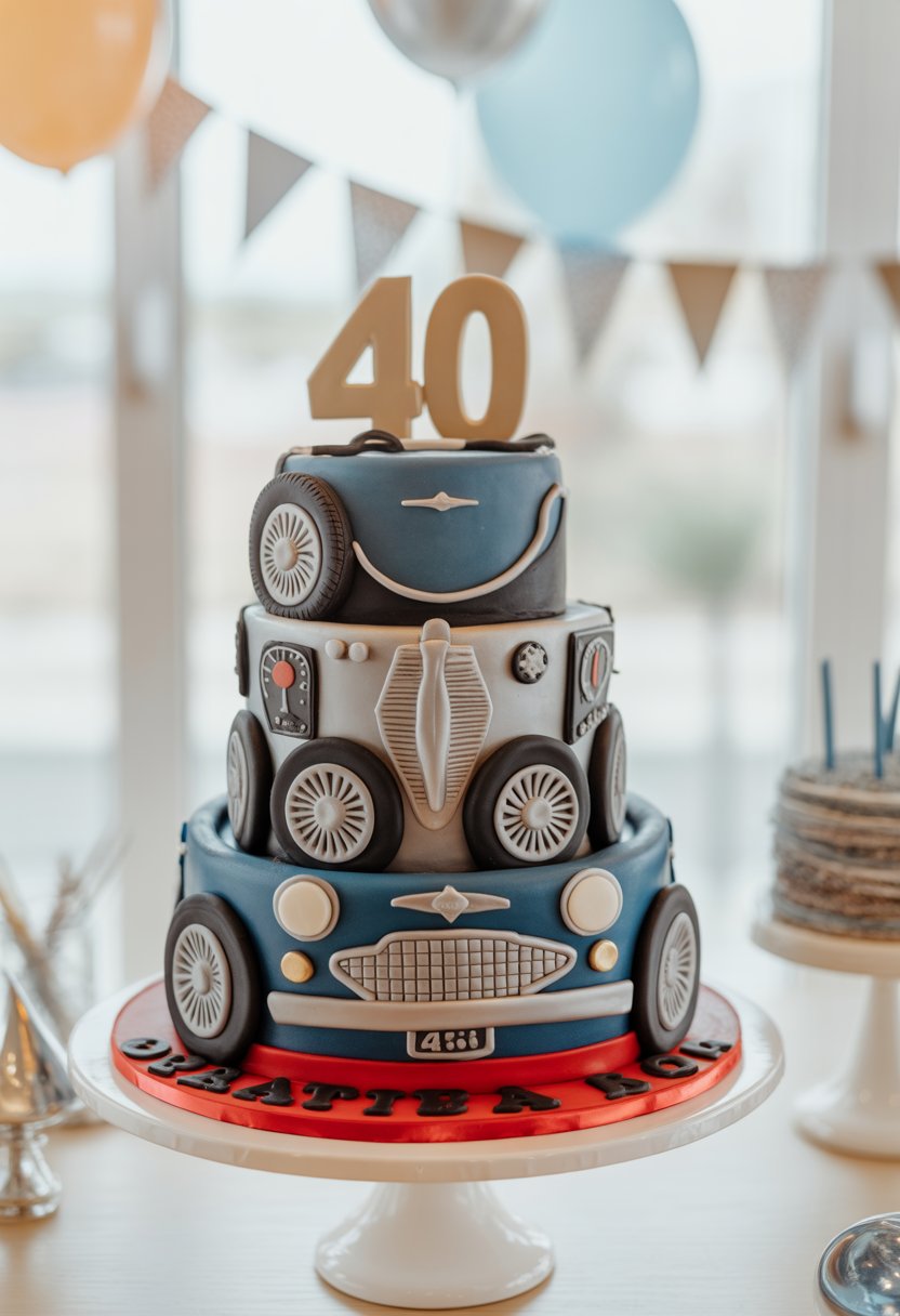 A multi-tiered birthday cake decorated with vintage car-themed designs and realistic car details, displayed on a white cake stand with birthday decorations in the background.