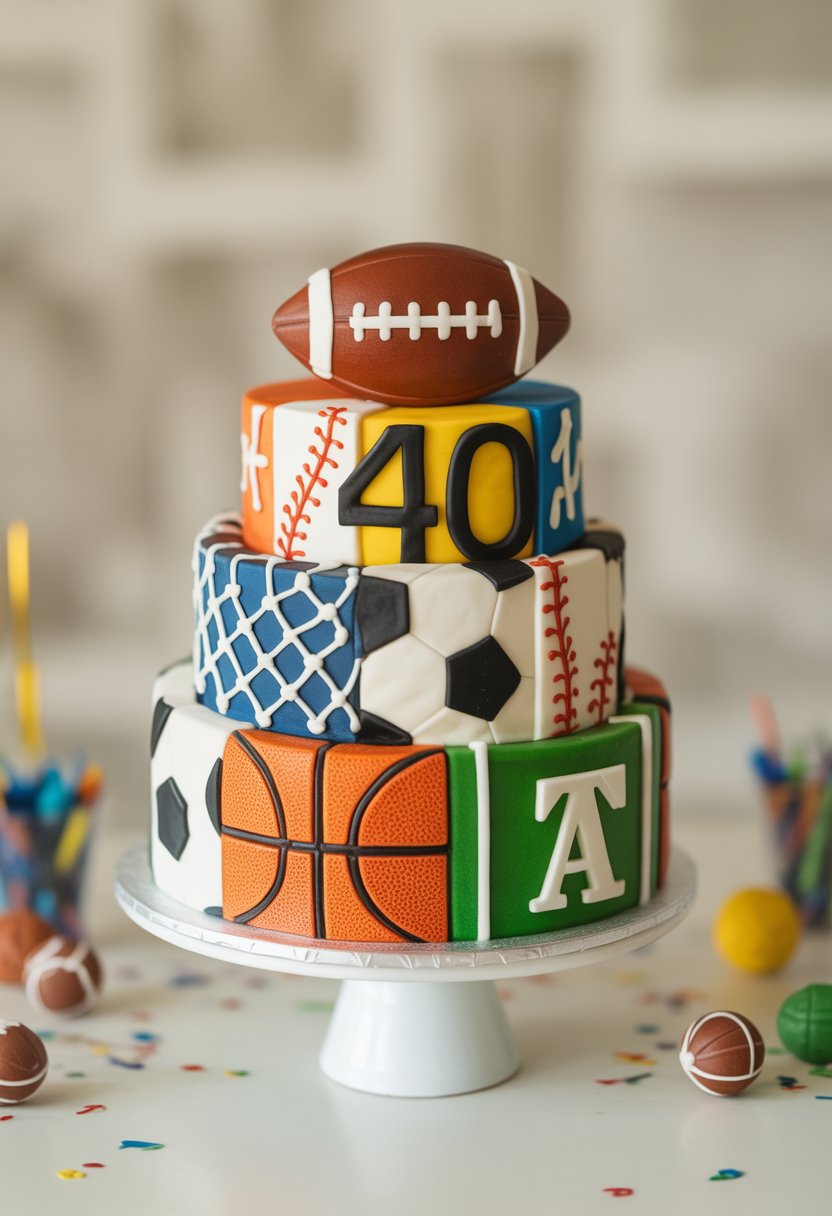 A multi-tiered birthday cake decorated with various sports-themed designs including football, basketball, baseball, and soccer elements.