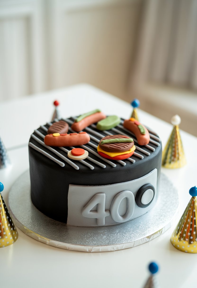 A BBQ grill shaped cake decorated with miniature food items on a white table with birthday decorations around it.
