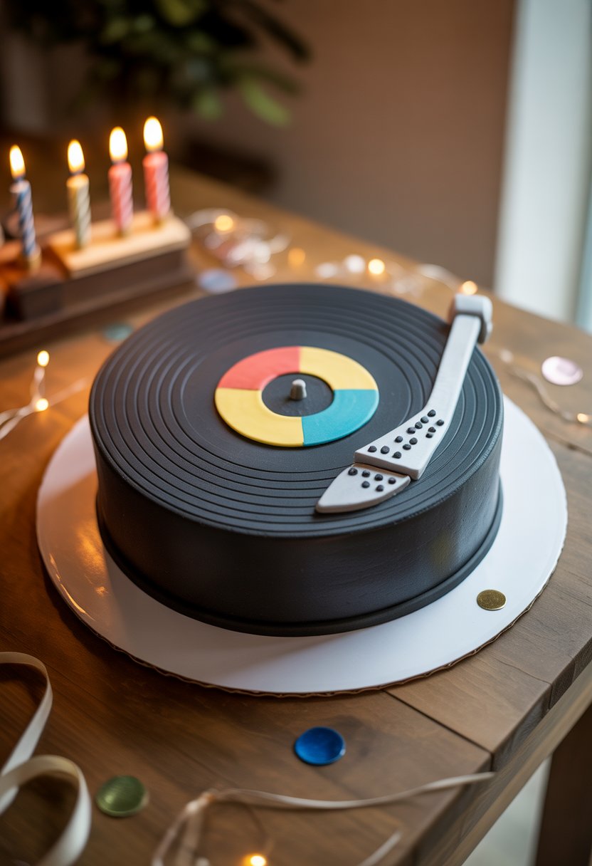 A vinyl record-shaped cake on a wooden table with candles and birthday decorations around it.