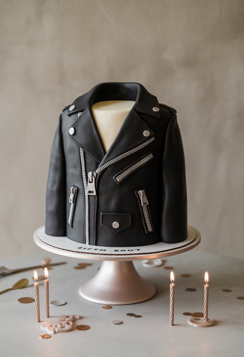 A birthday cake designed to look like a black leather jacket on a white cake stand with birthday decorations around it.