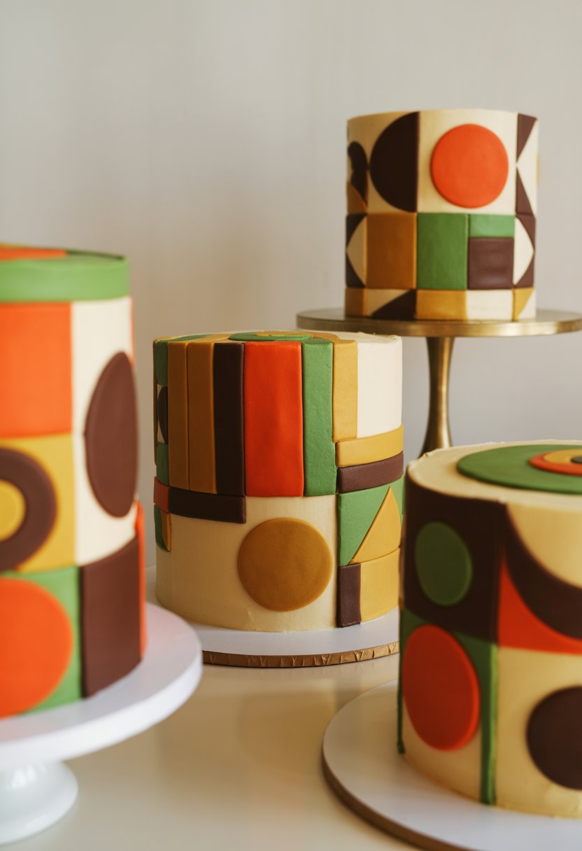 A display of colorful cakes decorated with bold geometric patterns in various shapes and vibrant colors on white stands.