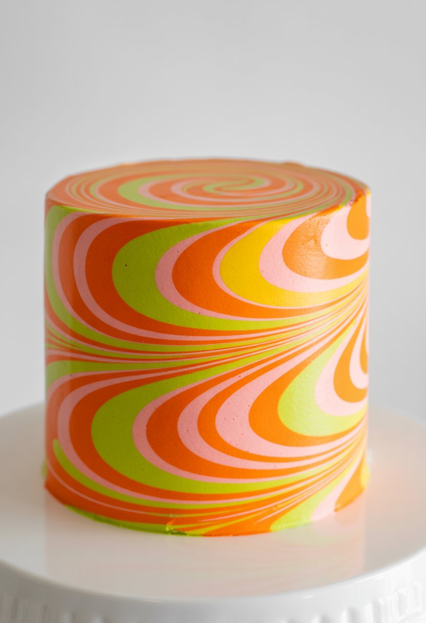 A colorful cake with swirling patterned icing displayed on a white cake stand.