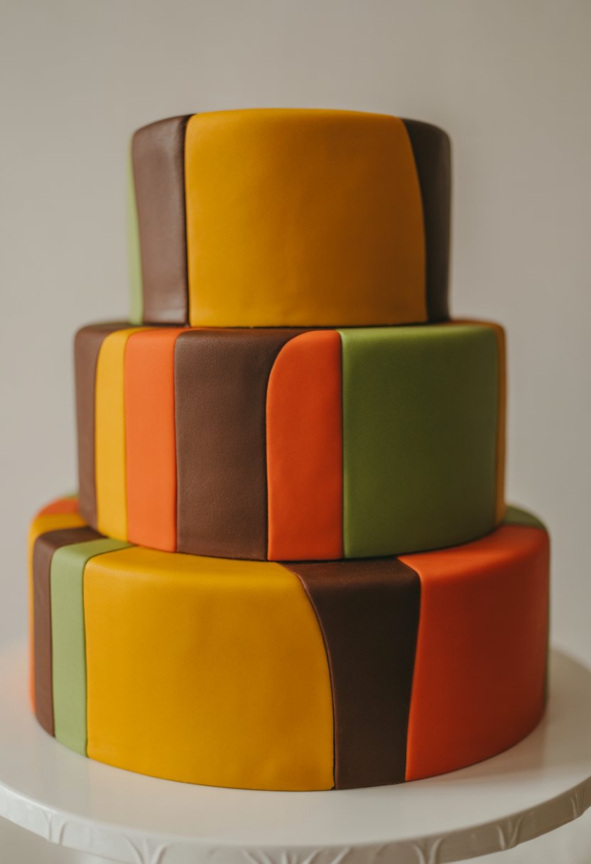 A multi-layered cake with bold, colorful geometric fondant designs stacked on a white cake stand.