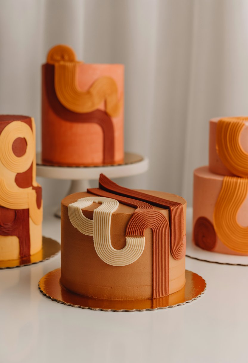 A collection of cakes decorated with orange and brown geometric patterns and swirls on a white surface.