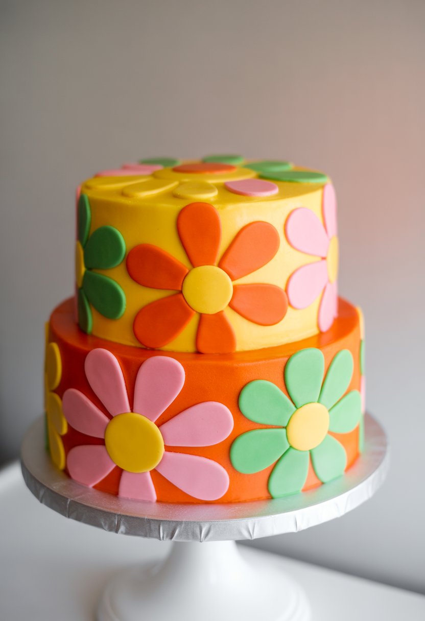 A multi-tiered cake decorated with colorful flower-shaped designs and bright patterns on a white cake stand.