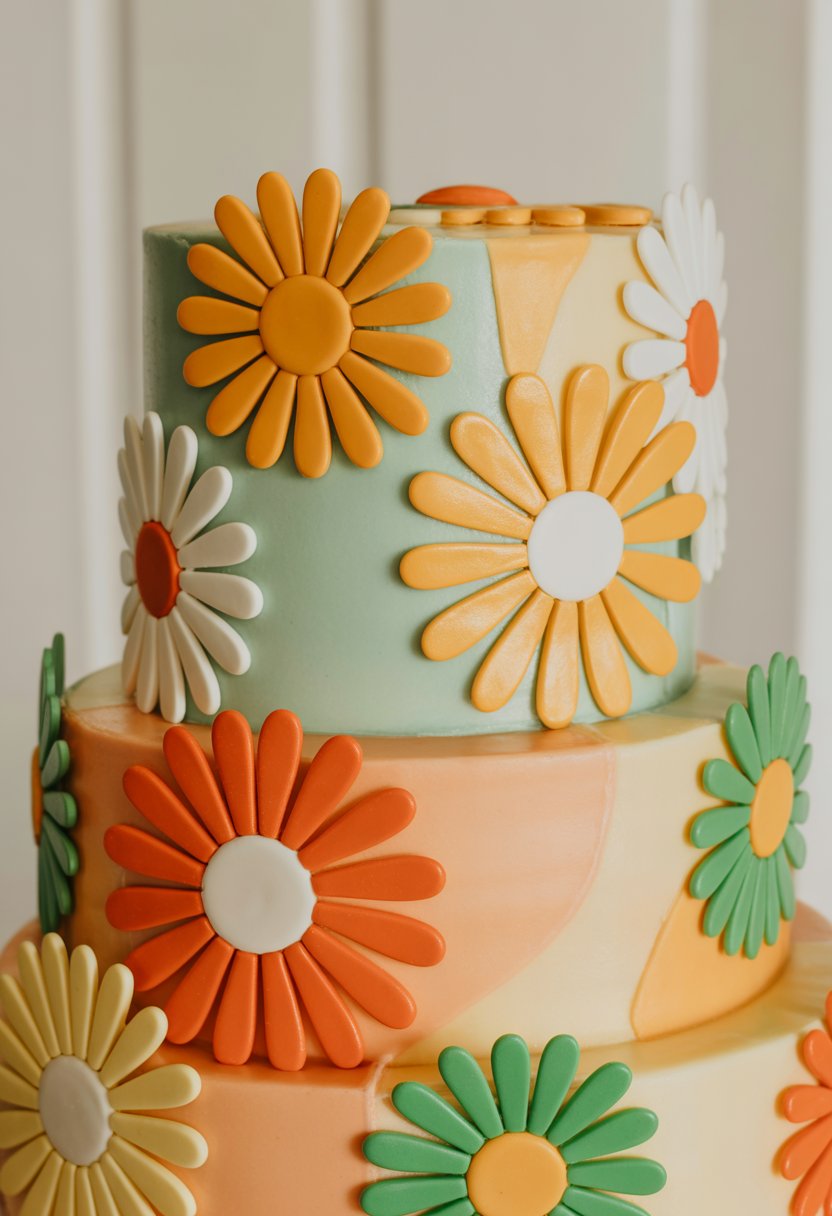 A multi-tiered cake decorated with colorful daisy shapes and smooth pastel icing on a neutral background.