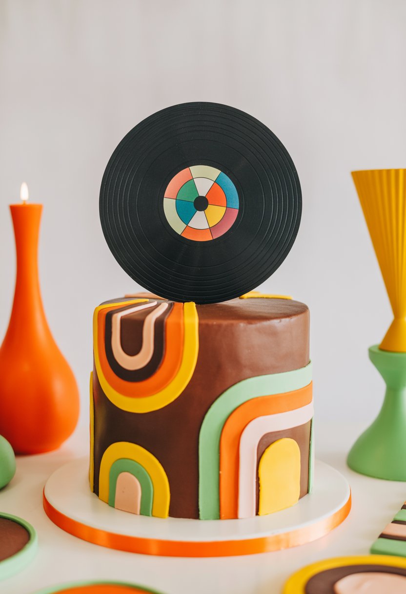 A colorful retro cake with a black vinyl record topper on top, displayed on a plain background.